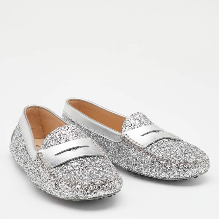 Pre Owned Tod's Silver Glitter And Leather Penny Slip On Loafers Size 37