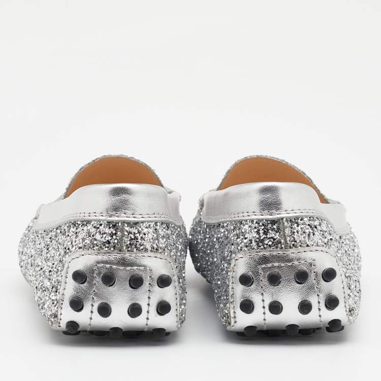 Pre Owned Tod's Silver Glitter And Leather Penny Slip On Loafers Size 37