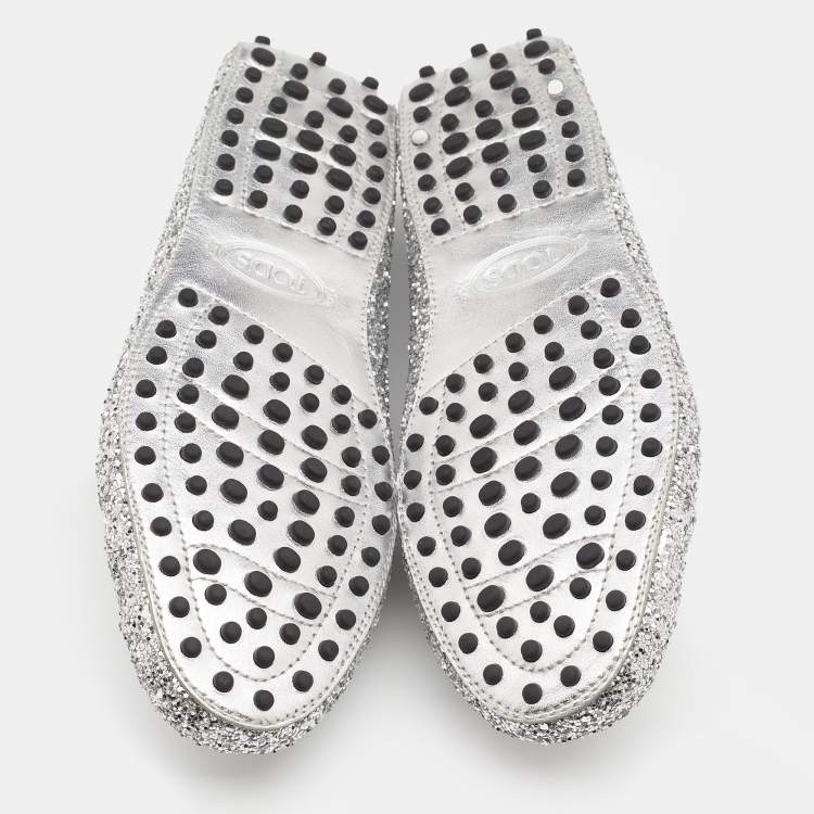Pre Owned Tod's Silver Glitter And Leather Penny Slip On Loafers Size 37