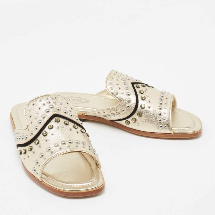 Pre Owned Tod's Metallic Gold Leather Studded Embellished Slide Flat Sandals Size 37