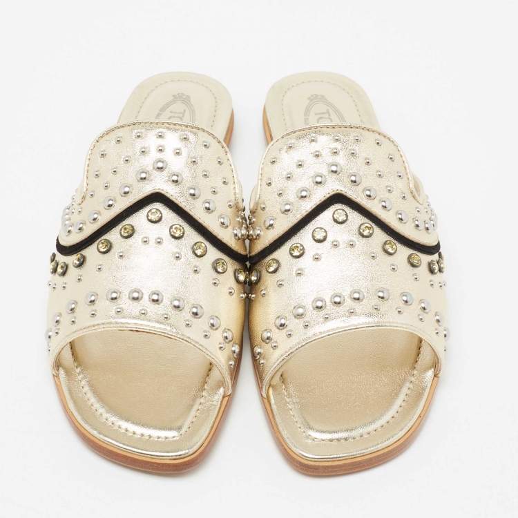 Pre Owned Tod's Metallic Gold Leather Studded Embellished Slide Flat Sandals Size 37
