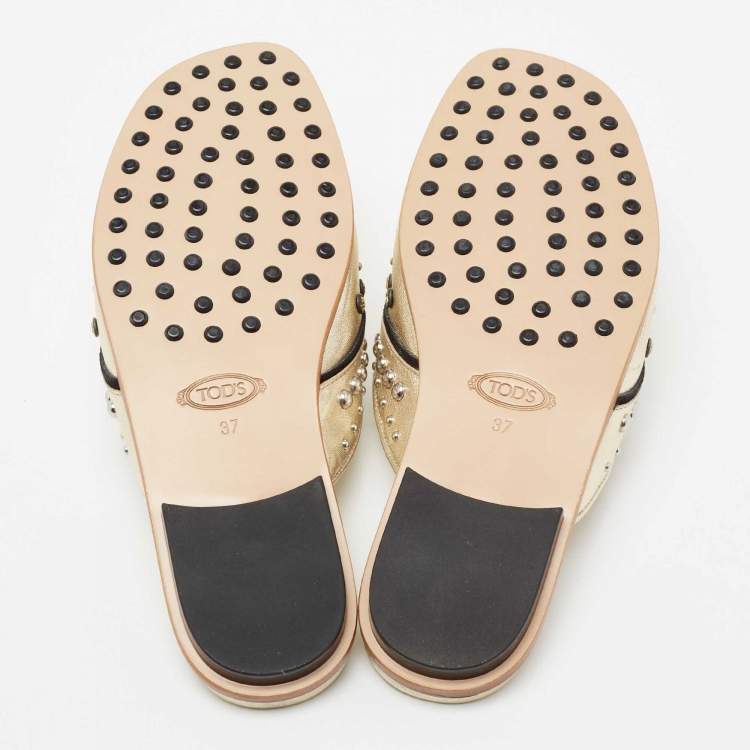 Pre Owned Tod's Metallic Gold Leather Studded Embellished Slide Flat Sandals Size 37