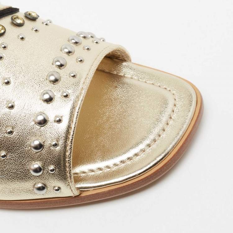 Pre Owned Tod's Metallic Gold Leather Studded Embellished Slide Flat Sandals Size 37