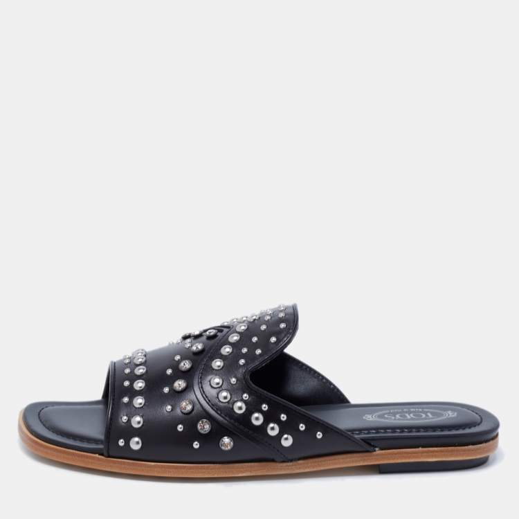 Pre Owned Tod's Black Leather Studded Embellished Slide Flat Sandals Size 37.5