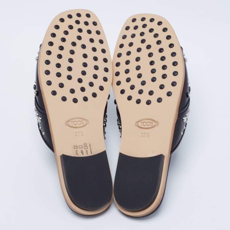 Pre Owned Tod's Black Leather Studded Embellished Slide Flat Sandals Size 37.5