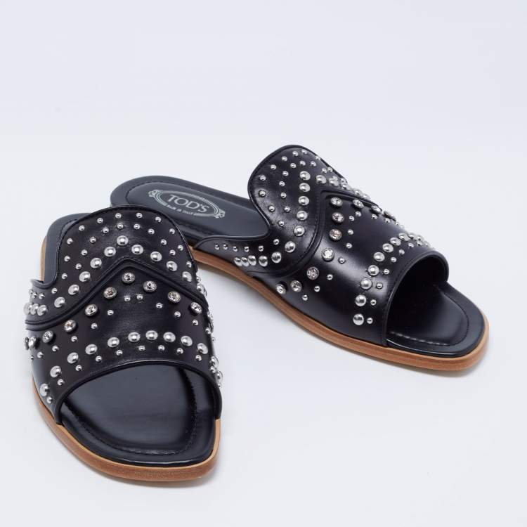 Pre Owned Tod's Black Leather Studded Embellished Slide Flat Sandals Size 37.5