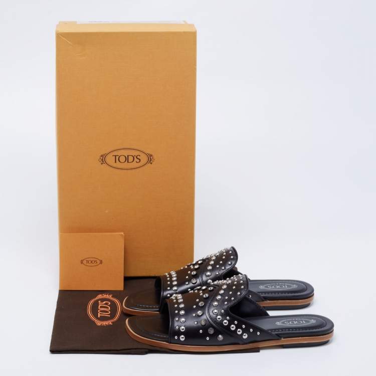 Pre Owned Tod's Black Leather Studded Embellished Slide Flat Sandals Size 37.5