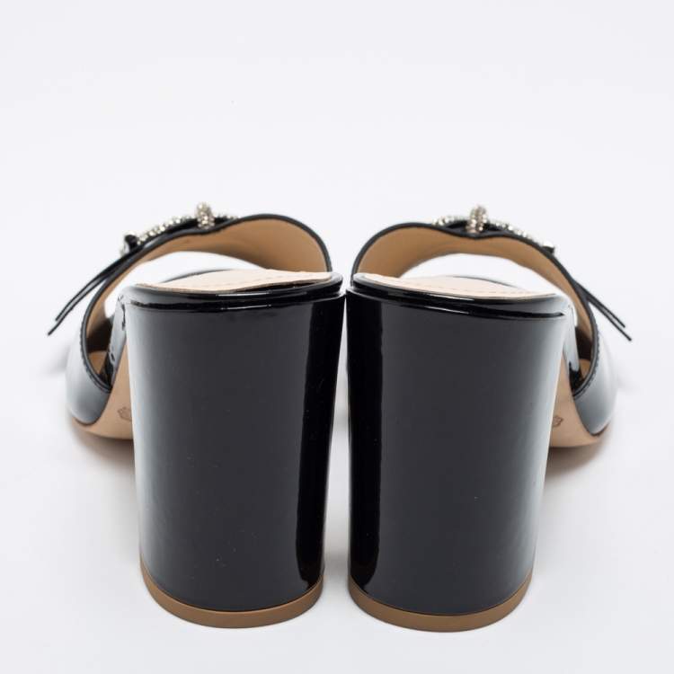 Pre Owned Tod's Black Patent Leather Double T Embellished Slide Sandals Size 38.5