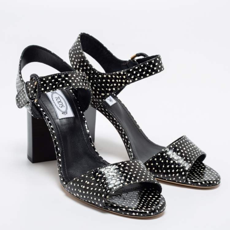 Pre Owned Tod's Black/White Python Embossed Leather Ankle Strap Sandals Size 38.5