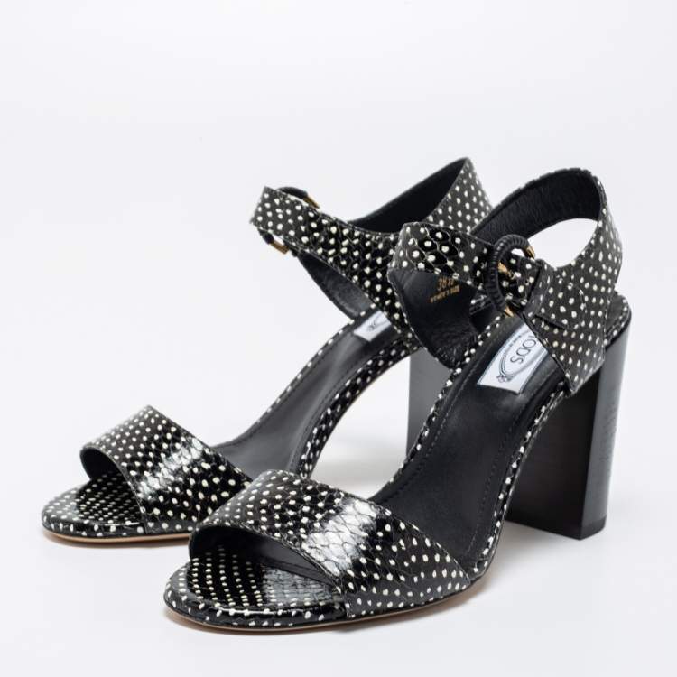 Pre Owned Tod's Black/White Python Embossed Leather Ankle Strap Sandals Size 38.5