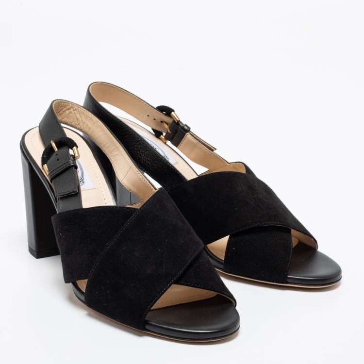 Pre Owned Tod's Black Suede And Leather Crisscross Block Heel Ankle Strap Sandals Size 38
