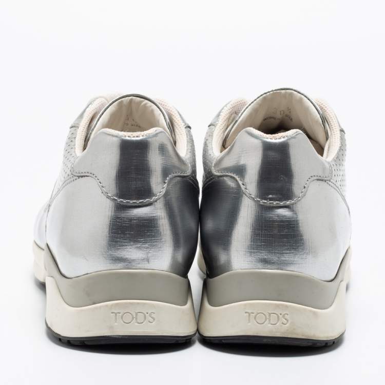 Pre Owned Tod's Silver Perforated Leather Sportivo Active Sneakers Size 38.5