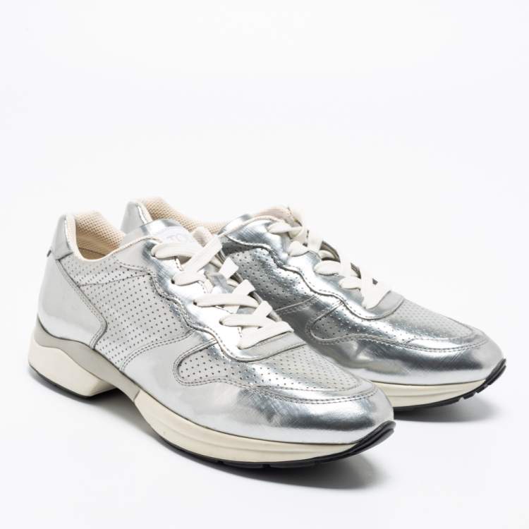 Pre Owned Tod's Silver Perforated Leather Sportivo Active Sneakers Size 38.5