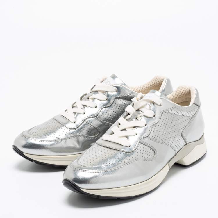 Pre Owned Tod's Silver Perforated Leather Sportivo Active Sneakers Size 38.5