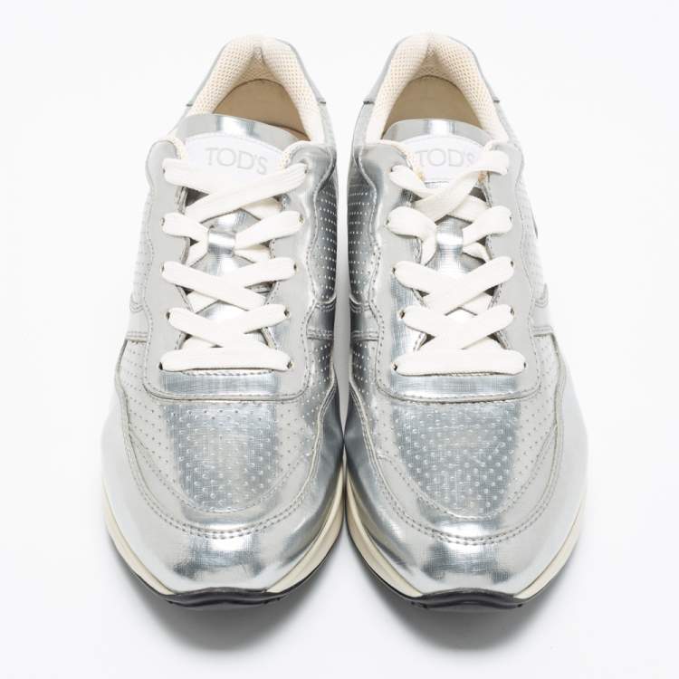 Pre Owned Tod's Silver Perforated Leather Sportivo Active Sneakers Size 38.5