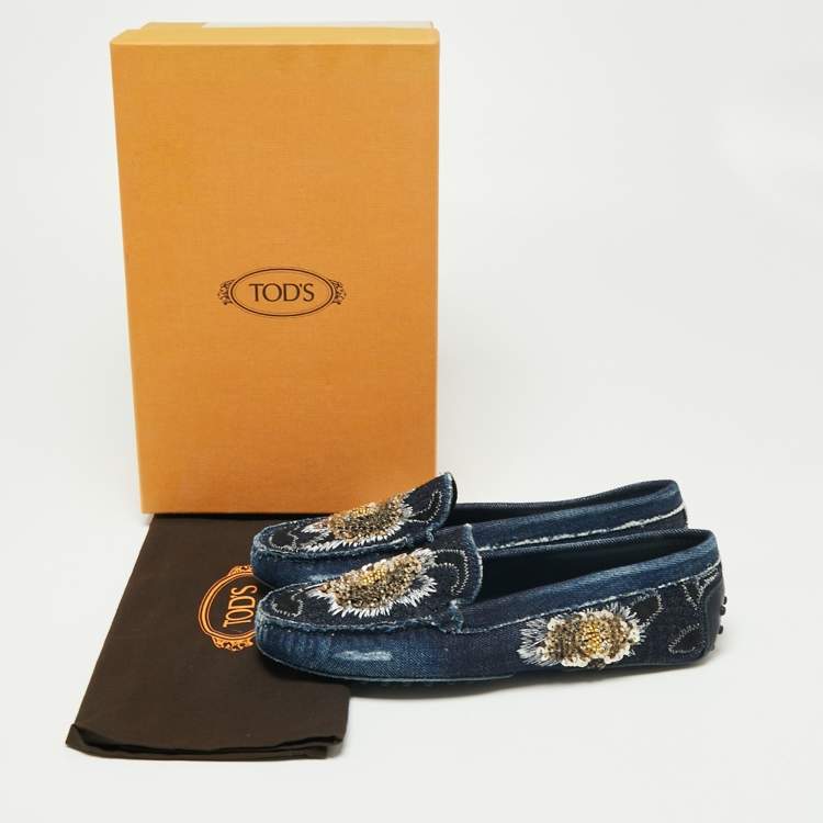 Pre Owned Tod's Blue Denim Sequin Embellished Slip On Loafers Size 37.5