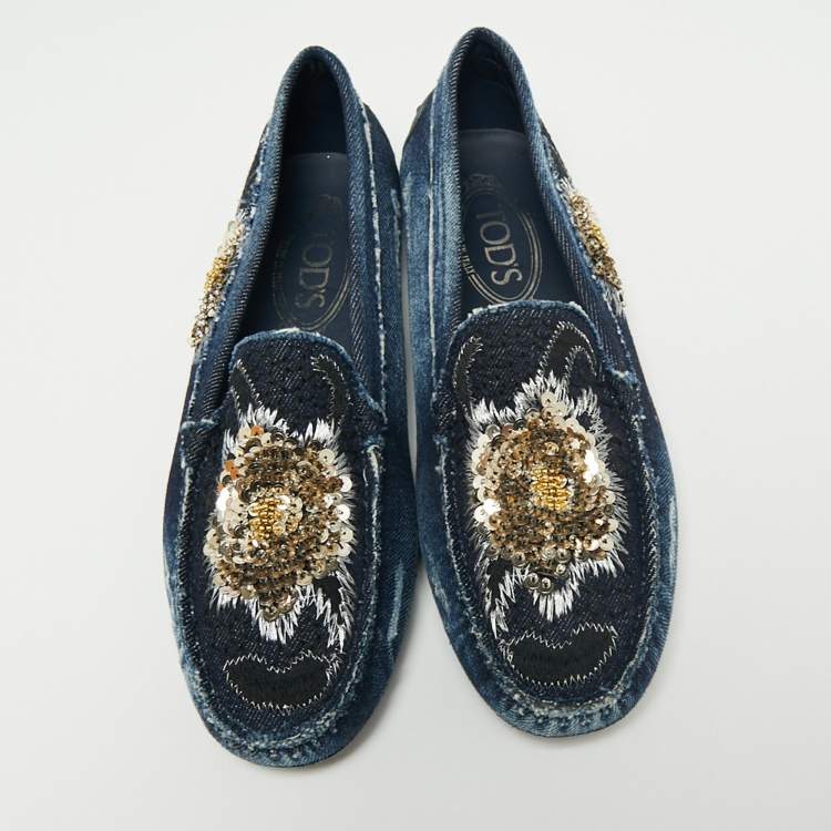 Pre Owned Tod's Blue Denim Sequin Embellished Slip On Loafers Size 37.5