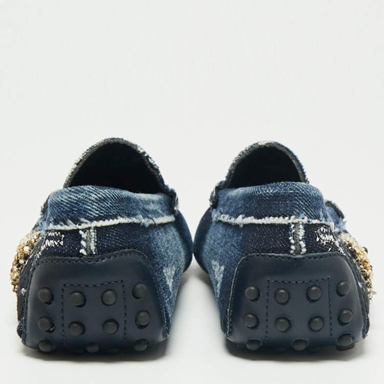 Pre Owned Tod's Blue Denim Sequin Embellished Slip On Loafers Size 37.5