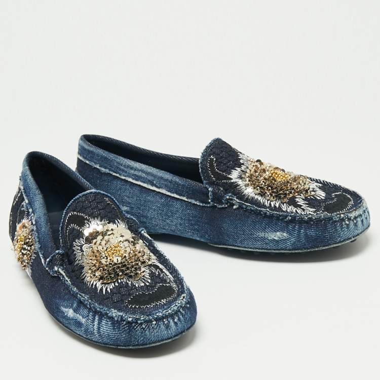 Pre Owned Tod's Blue Denim Sequin Embellished Slip On Loafers Size 37.5