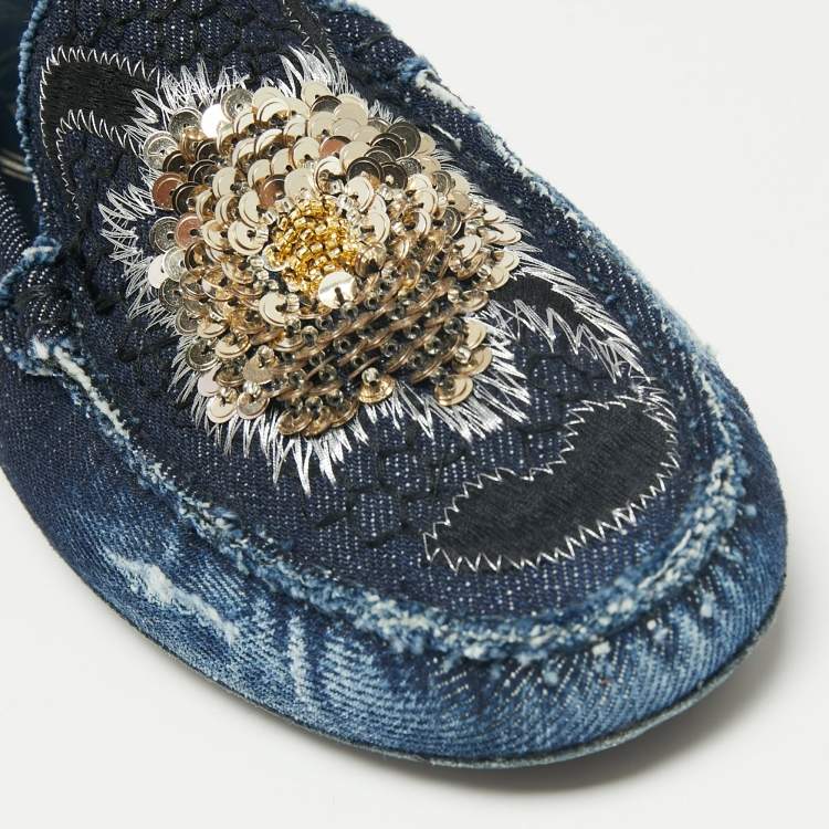 Pre Owned Tod's Blue Denim Sequin Embellished Slip On Loafers Size 37.5