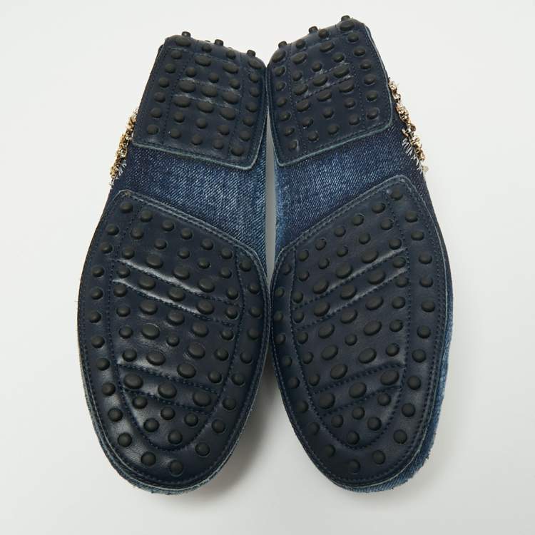 Pre Owned Tod's Blue Denim Sequin Embellished Slip On Loafers Size 37.5