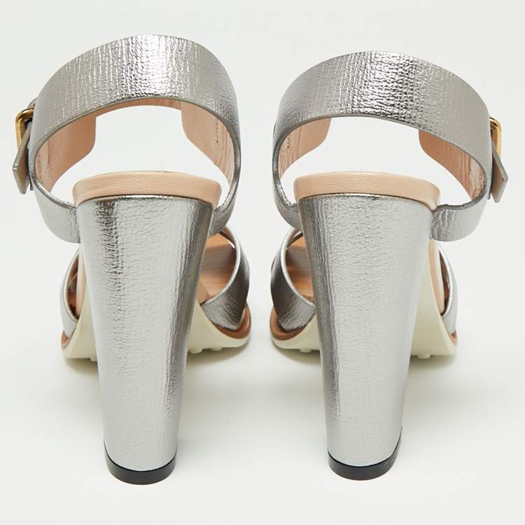 Pre Owned Tod's Metallic Silver Leather Criss Cross Platform Ankle Strap Sandals Size 37.5
