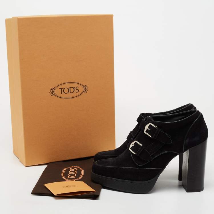 Pre Owned Tod's Black Suede Buckle Block Heel Booties Size 39.5 