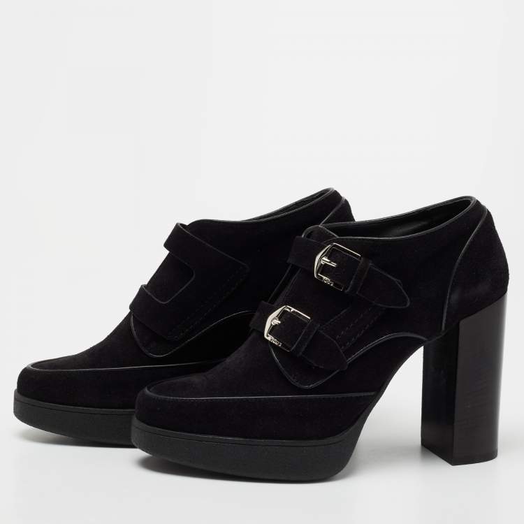 Pre Owned Tod's Black Suede Buckle Block Heel Booties Size 39.5 