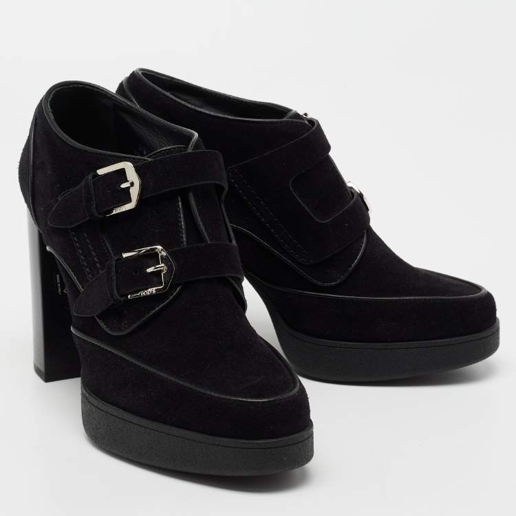 Pre Owned Tod's Black Suede Buckle Block Heel Booties Size 39.5 