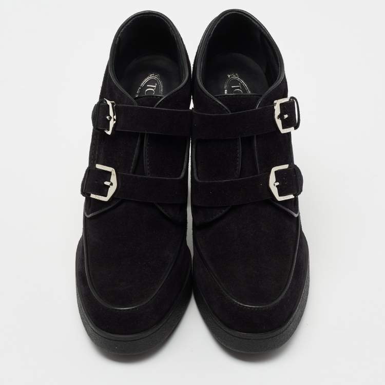 Pre Owned Tod's Black Suede Buckle Block Heel Booties Size 39.5 