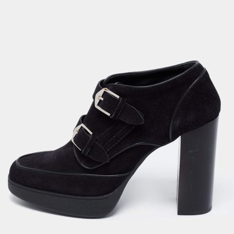 Pre Owned Tod's Black Suede Buckle Strap Block Heel Booties Size 40.5  