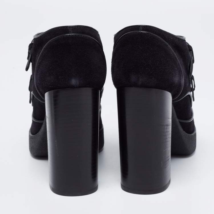 Pre Owned Tod's Black Suede Buckle Strap Block Heel Booties Size 40.5  