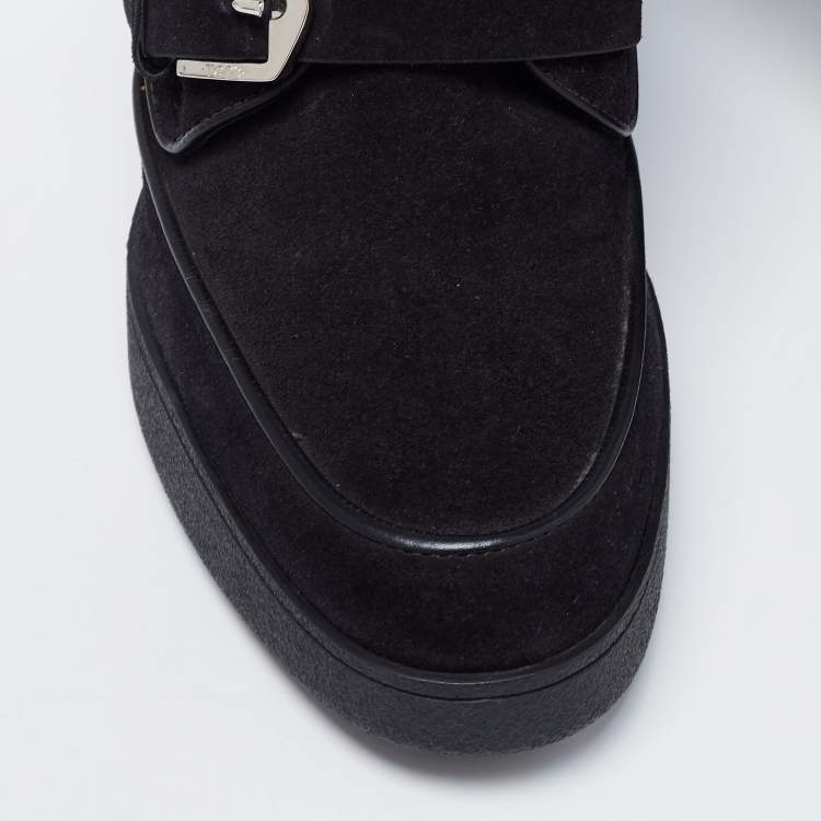 Pre Owned Tod's Black Suede Buckle Strap Block Heel Booties Size 40.5  