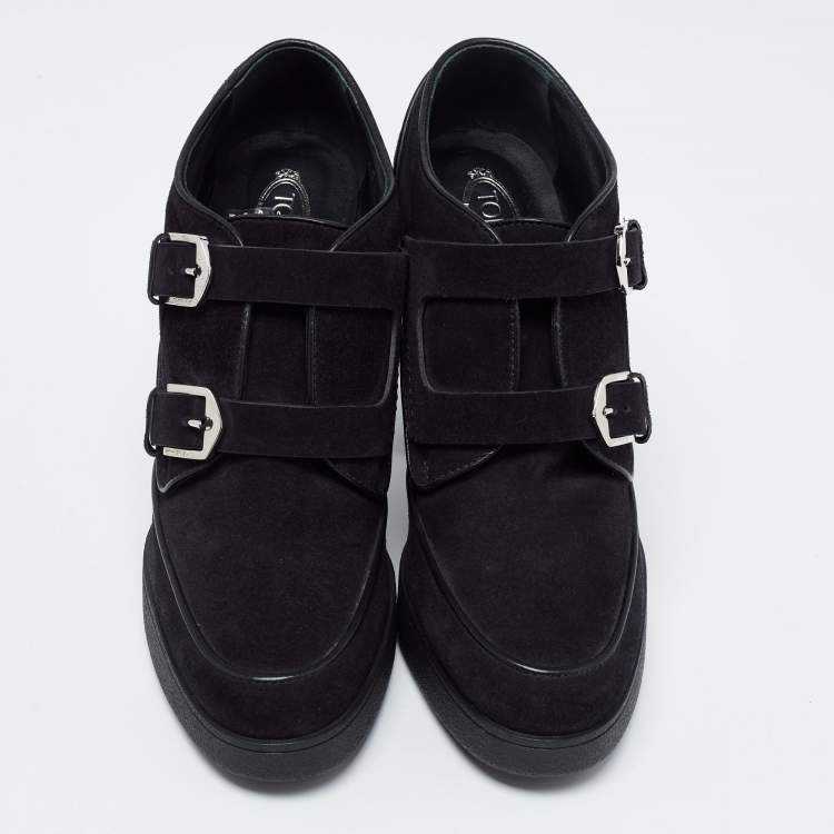 Pre Owned Tod's Black Suede Buckle Strap Block Heel Booties Size 40.5  