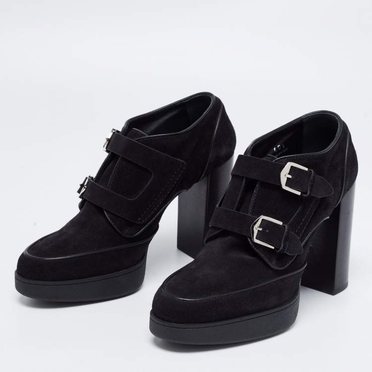 Pre Owned Tod's Black Suede Buckle Strap Block Heel Booties Size 40.5  