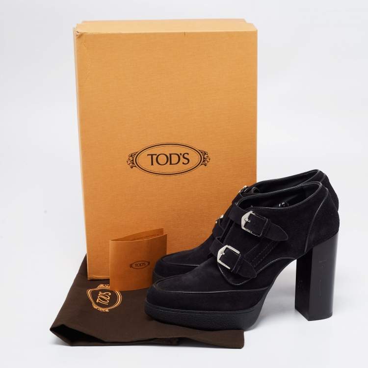 Pre Owned Tod's Black Suede Buckle Strap Block Heel Booties Size 40.5  