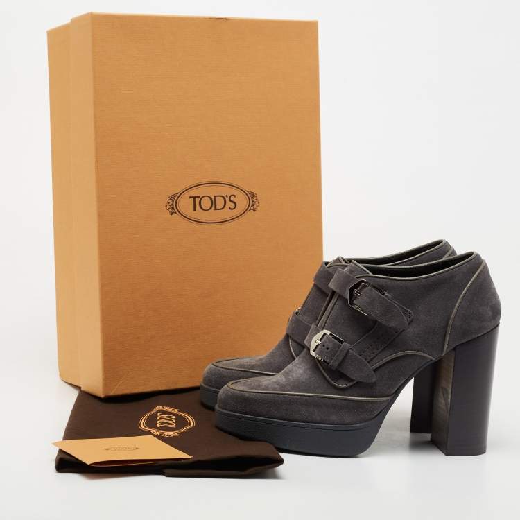 Pre Owned Tod's Grey Suede Double Strap Buckle Block Heel Booties Size 38.5 