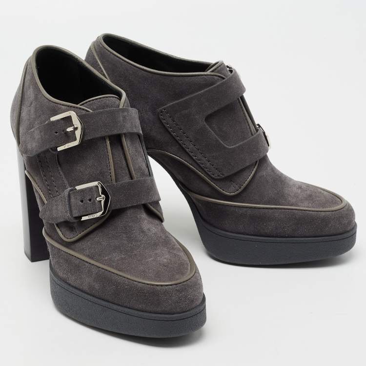 Pre Owned Tod's Grey Suede Double Strap Buckle Block Heel Booties Size 38.5 