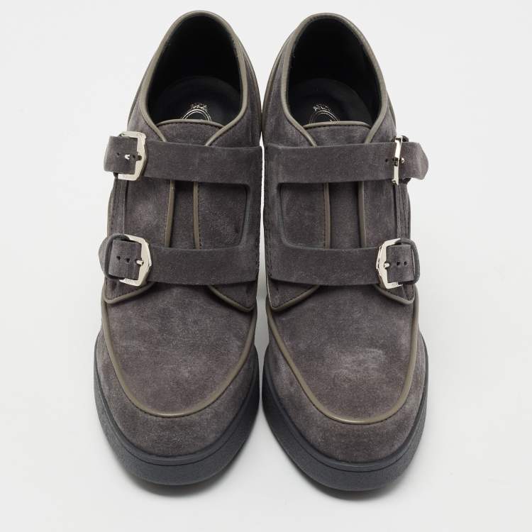 Pre Owned Tod's Grey Suede Double Strap Buckle Block Heel Booties Size 38.5 