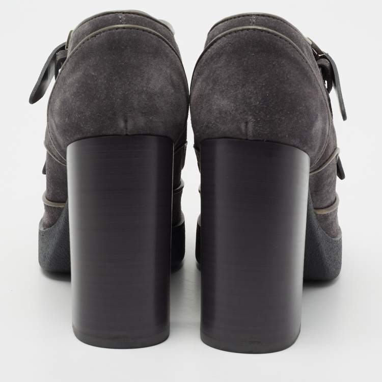 Pre Owned Tod's Grey Suede Double Strap Buckle Block Heel Booties Size 38.5 