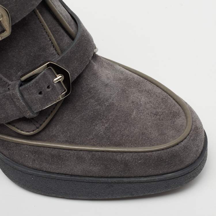 Pre Owned Tod's Grey Suede Double Strap Buckle Block Heel Booties Size 38.5 