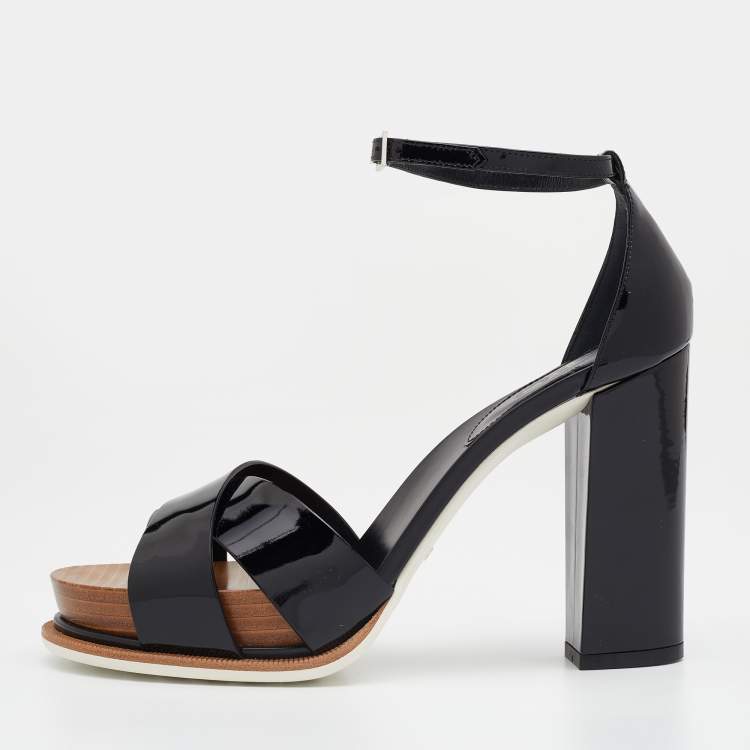 Pre Owned Tod's Black Patent Leather Ankle Strap Block Heel Sandals Size 39