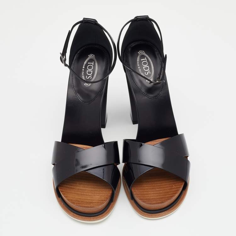 Pre Owned Tod's Black Patent Leather Ankle Strap Block Heel Sandals Size 39