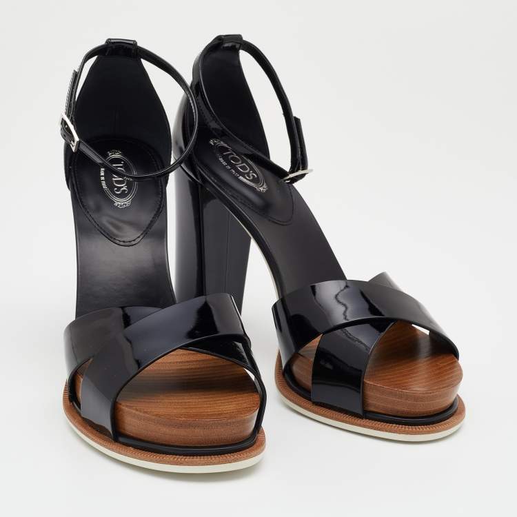 Pre Owned Tod's Black Patent Leather Ankle Strap Block Heel Sandals Size 39