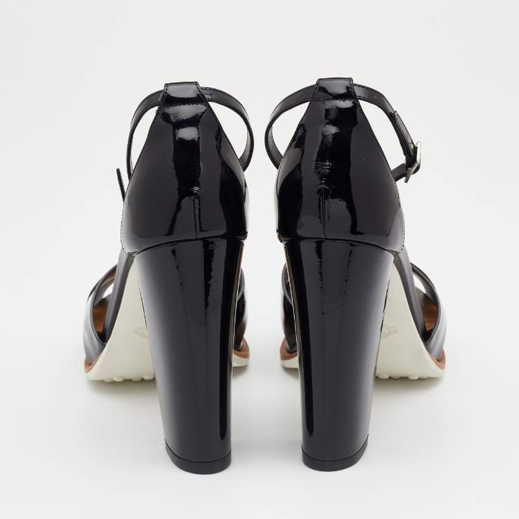 Pre Owned Tod's Black Patent Leather Ankle Strap Block Heel Sandals Size 39