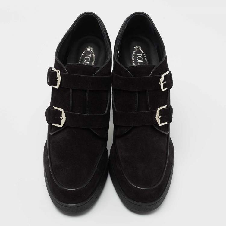 Pre Owned Tod's Black Suede Leather Buckle Detail Block Heel Booties Size 40