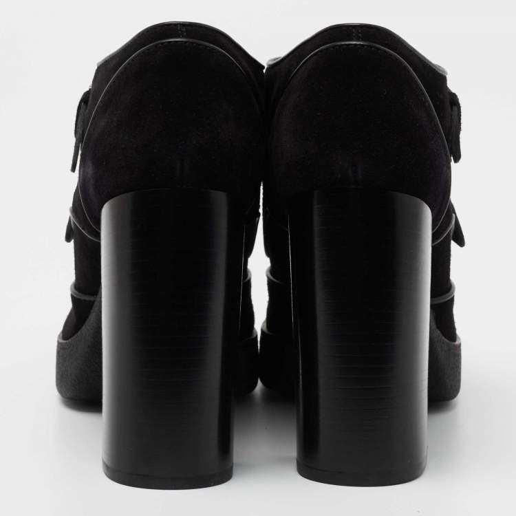 Pre Owned Tod's Black Suede Leather Buckle Detail Block Heel Booties Size 40