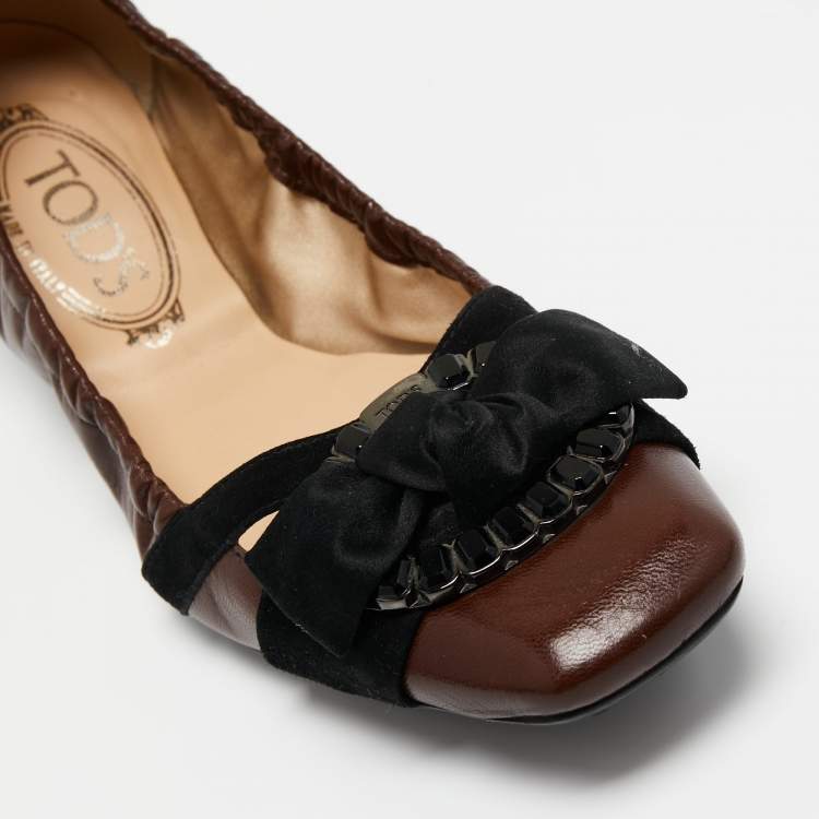 Pre Owned Tod's Brown/Black Leather Crystal Embellished Bow Scrunch Ballet Flats Size 38