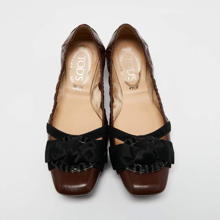 Pre Owned Tod's Brown/Black Leather Crystal Embellished Bow Scrunch Ballet Flats Size 38