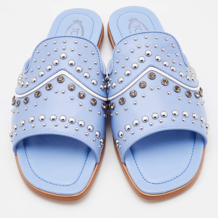 Pre Owned Tod's Light Blue Leather Studded Open Toe Flat Slide Sandals Size 37.5